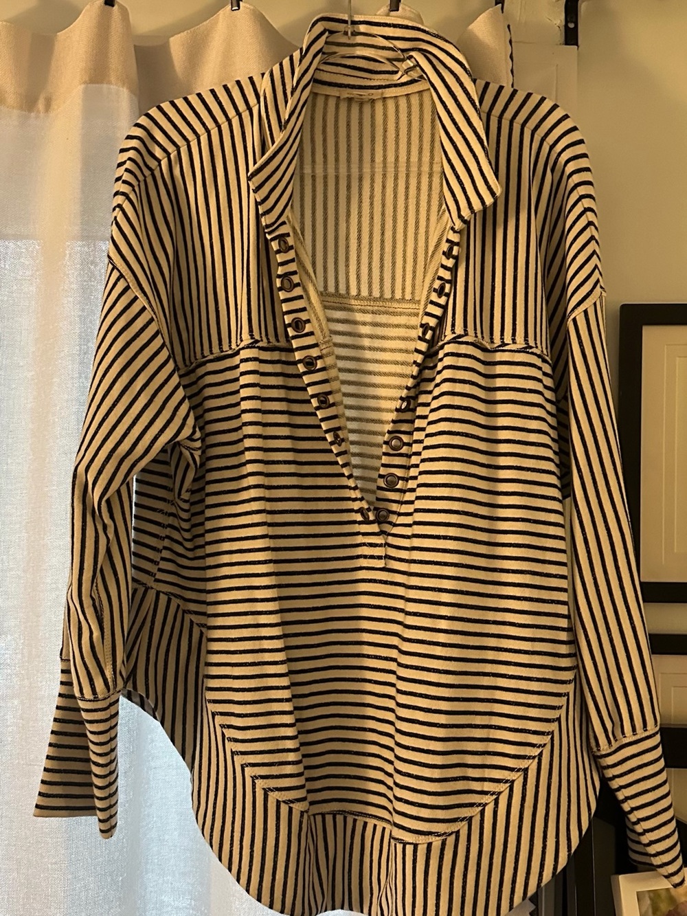 Anthropologie Striped Button-Front Long Sleeve Women's Top - Black & Cream